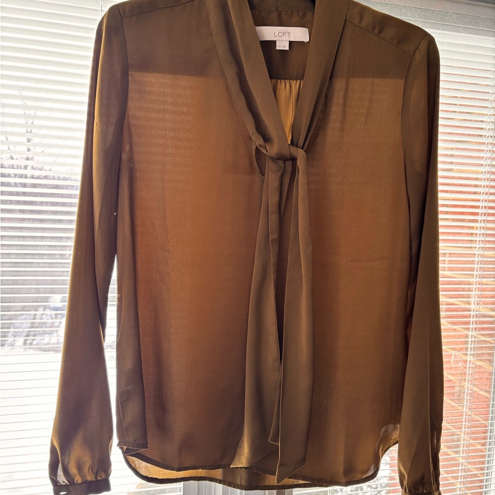 LOFT Women's Khaki Tie-Neck Blouse